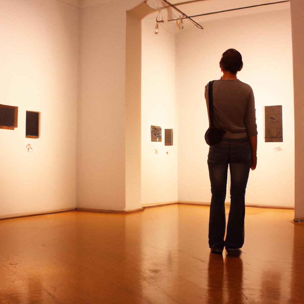 Person observing artwork in gallery