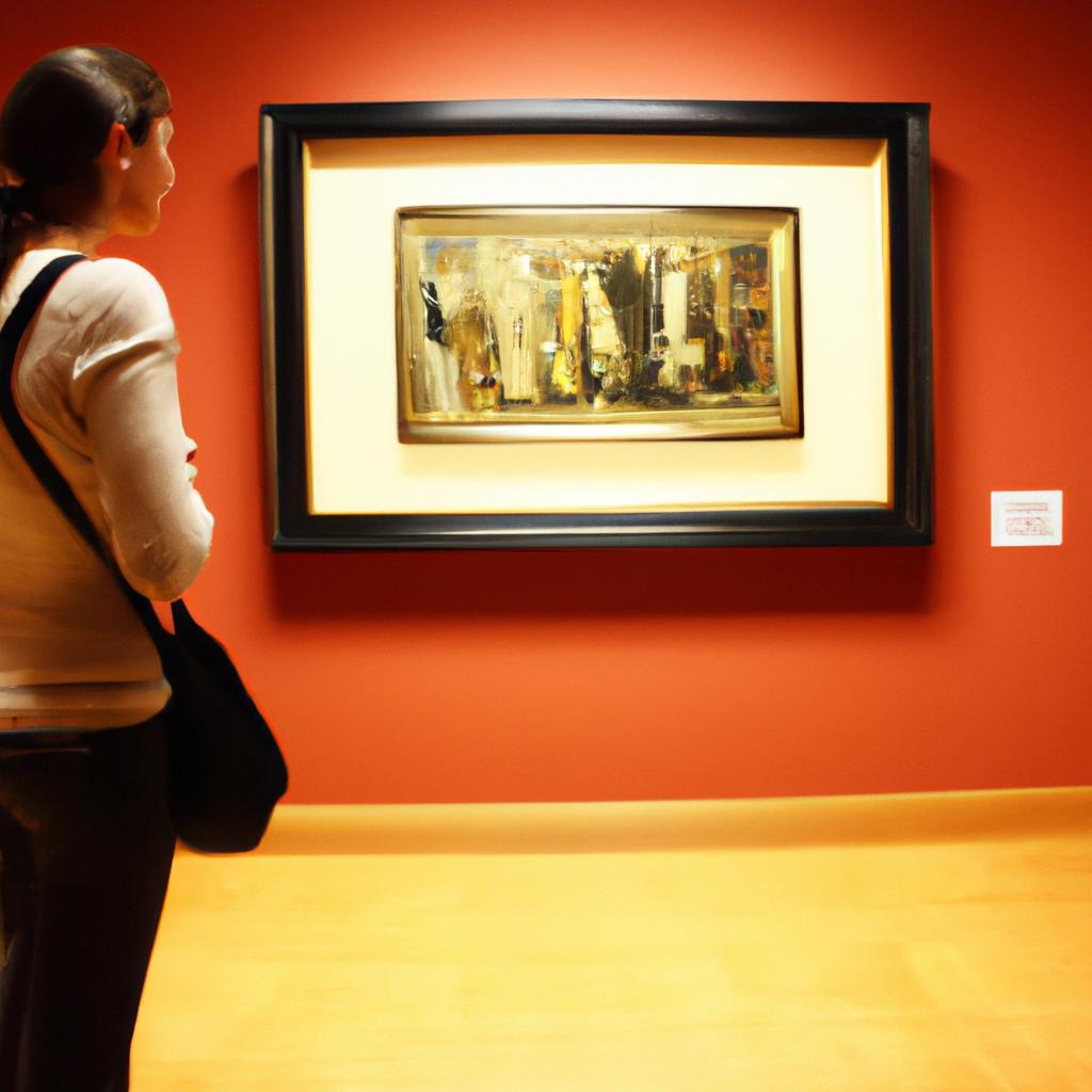 Person examining artwork in museum