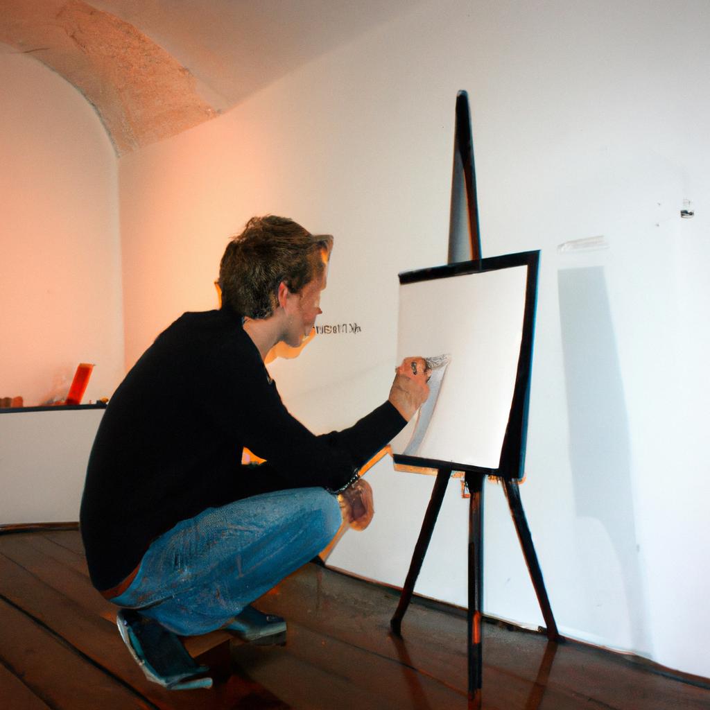 Person creating artwork in gallery