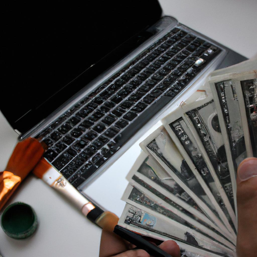 Person holding paintbrush, laptop, money