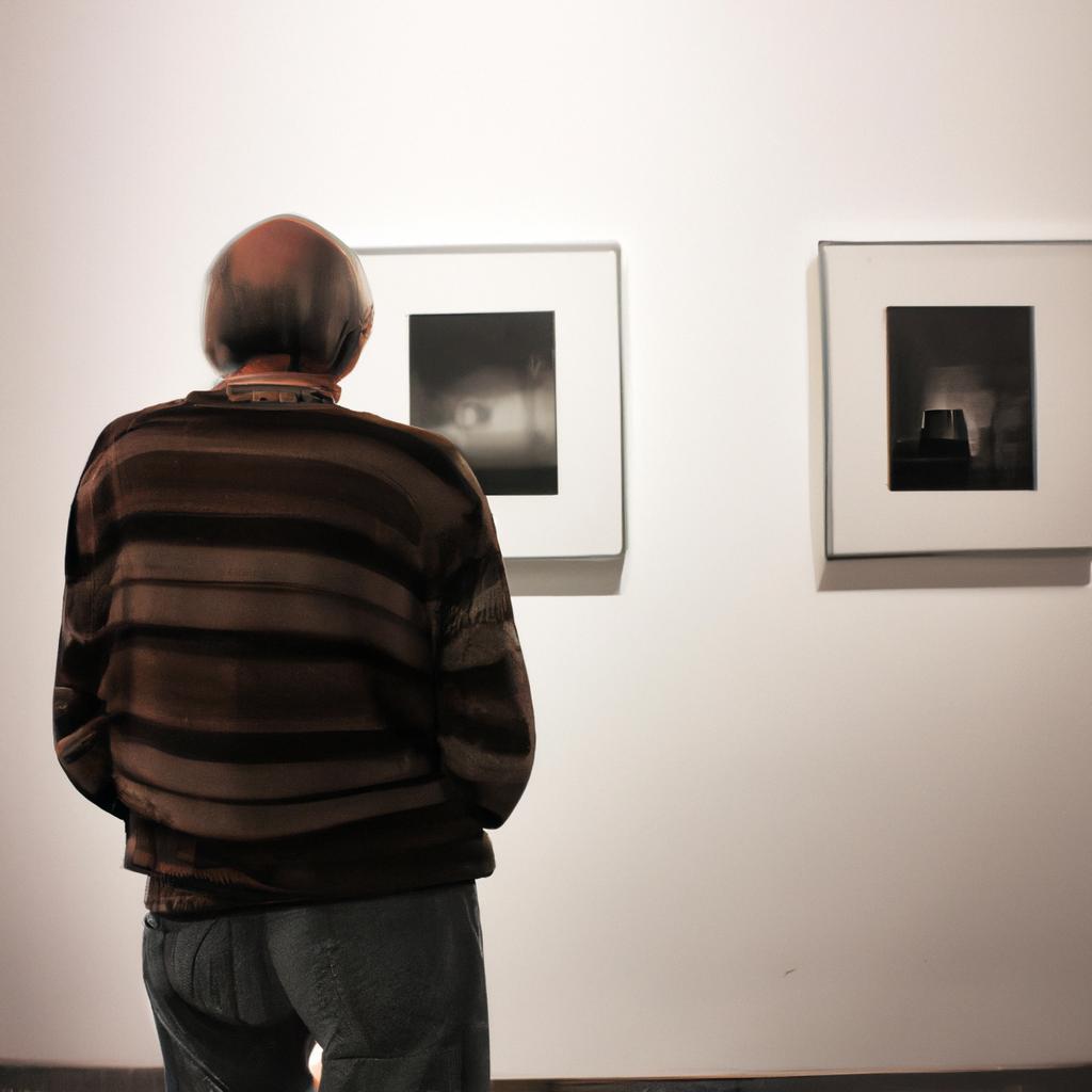 Person viewing art exhibition peacefully