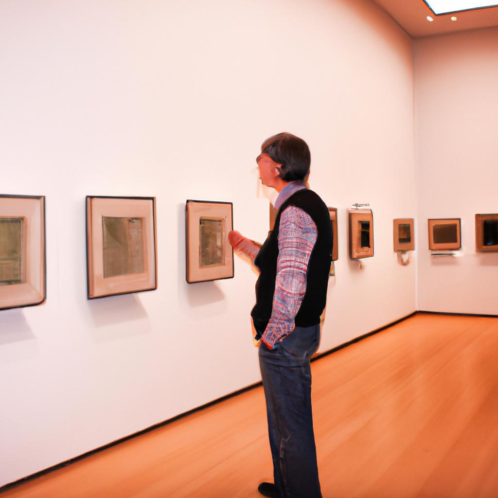Person admiring artwork in gallery